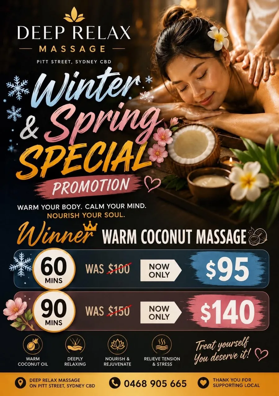 Winter and spring warm coconut massage special promotion at Deep Relax Massage Sydney CBD